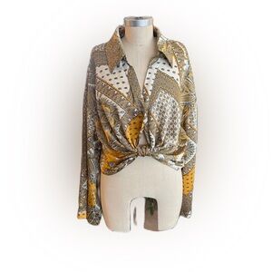 Miss Love Women’s Cropped Long Sleeve Blouse With Tie In Front. Size L